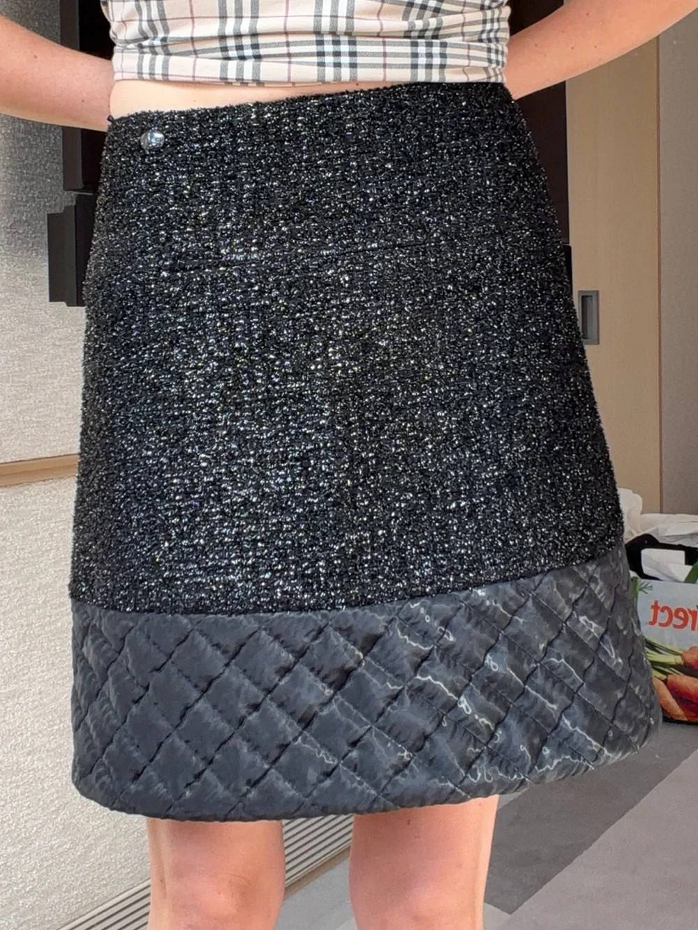 CHANEL Black Sparkle Tweed Mini Skirt with Quilted Hem